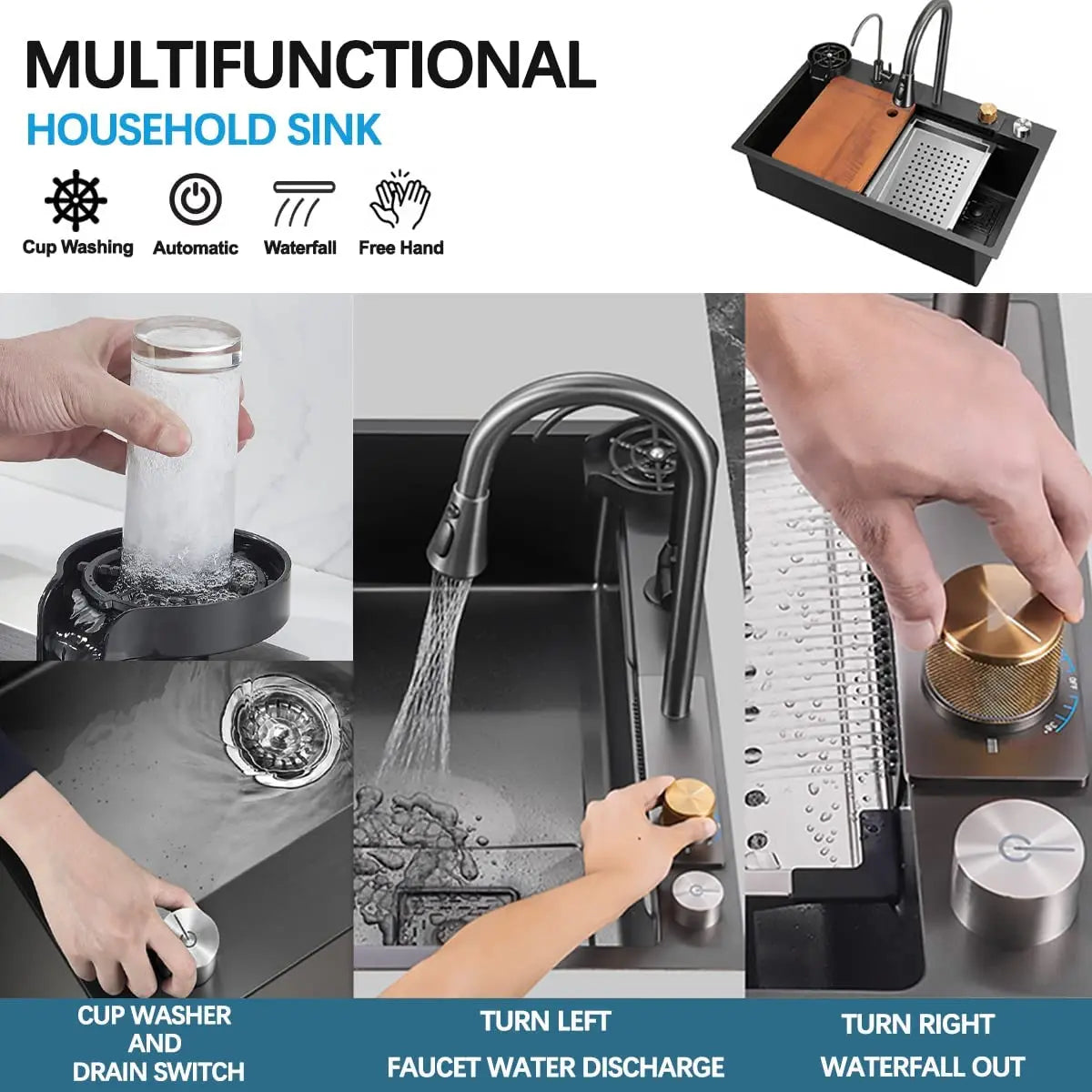 Nano Black Stainless Steel Single Bowl Kitchen Sink with Pull Down Faucet - Cooky Kitchenware