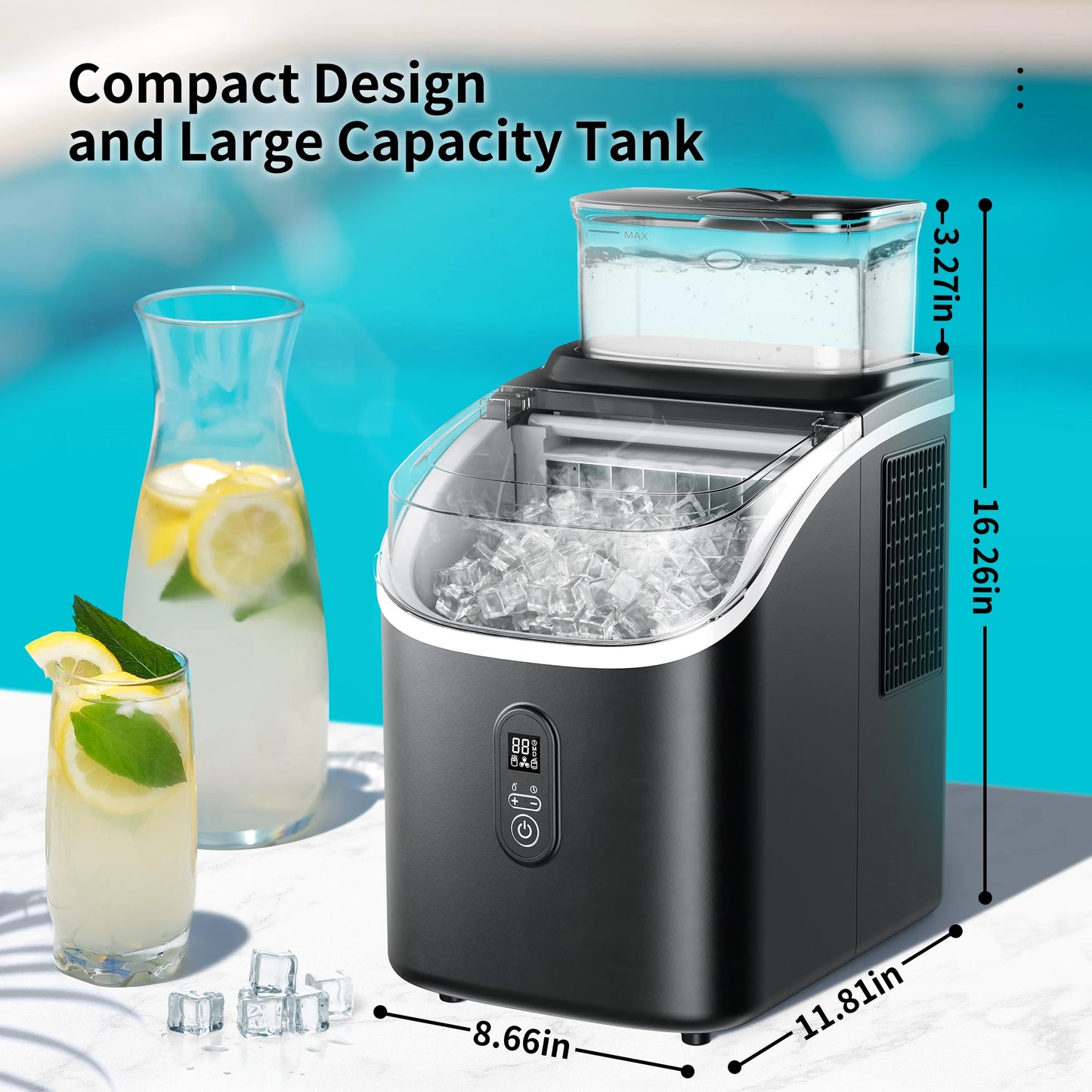 SIMZLIFE Ice Cube Maker Machine with External Water Tank 34Lbs, 16Pcs Ready in 13 Mins Auto-Cleaning for Home Kitchen Office Bar - Cooky Kitchenware