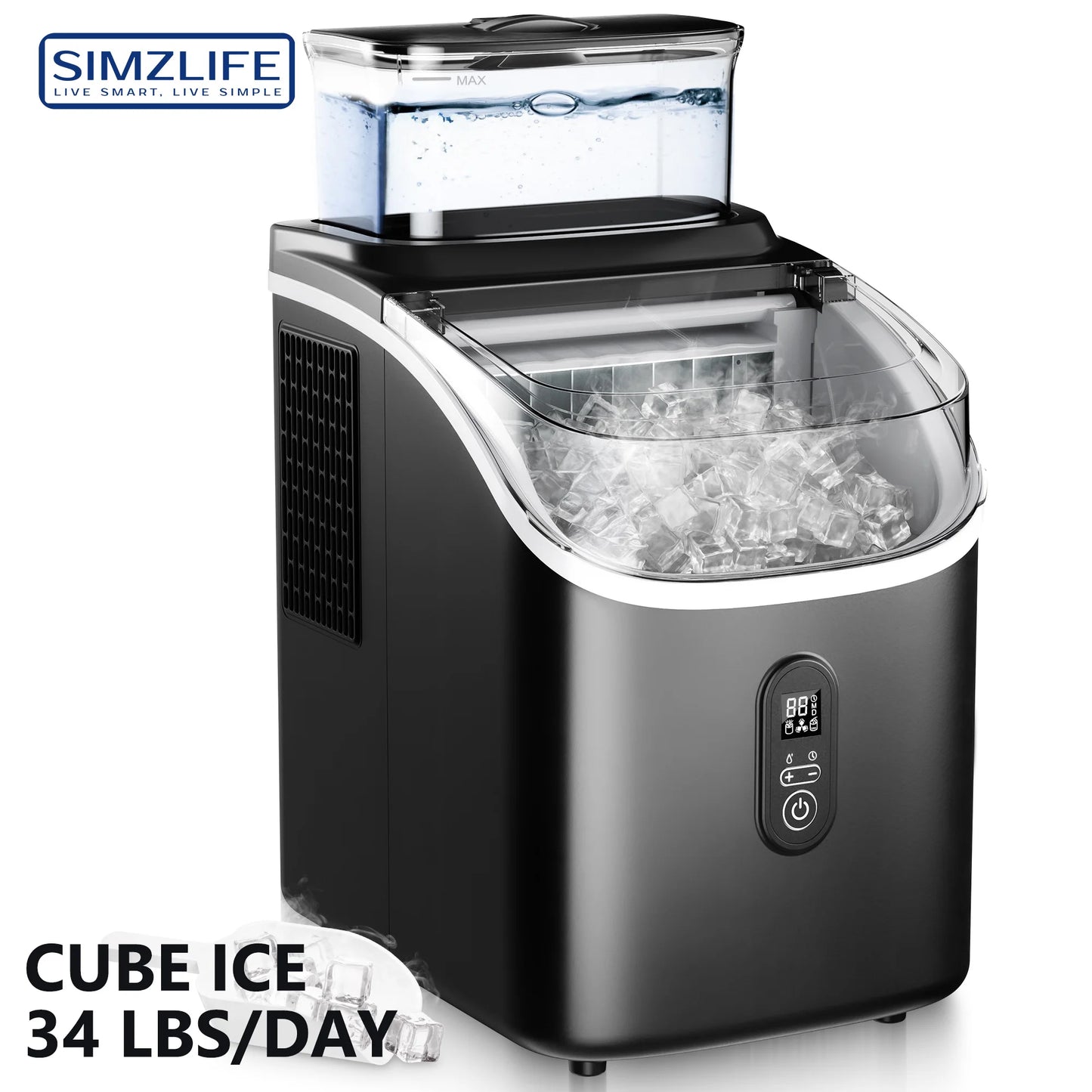 SIMZLIFE Ice Cube Maker Machine with External Water Tank 34Lbs, 16Pcs Ready in 13 Mins Auto-Cleaning for Home Kitchen Office Bar - Cooky Kitchenware