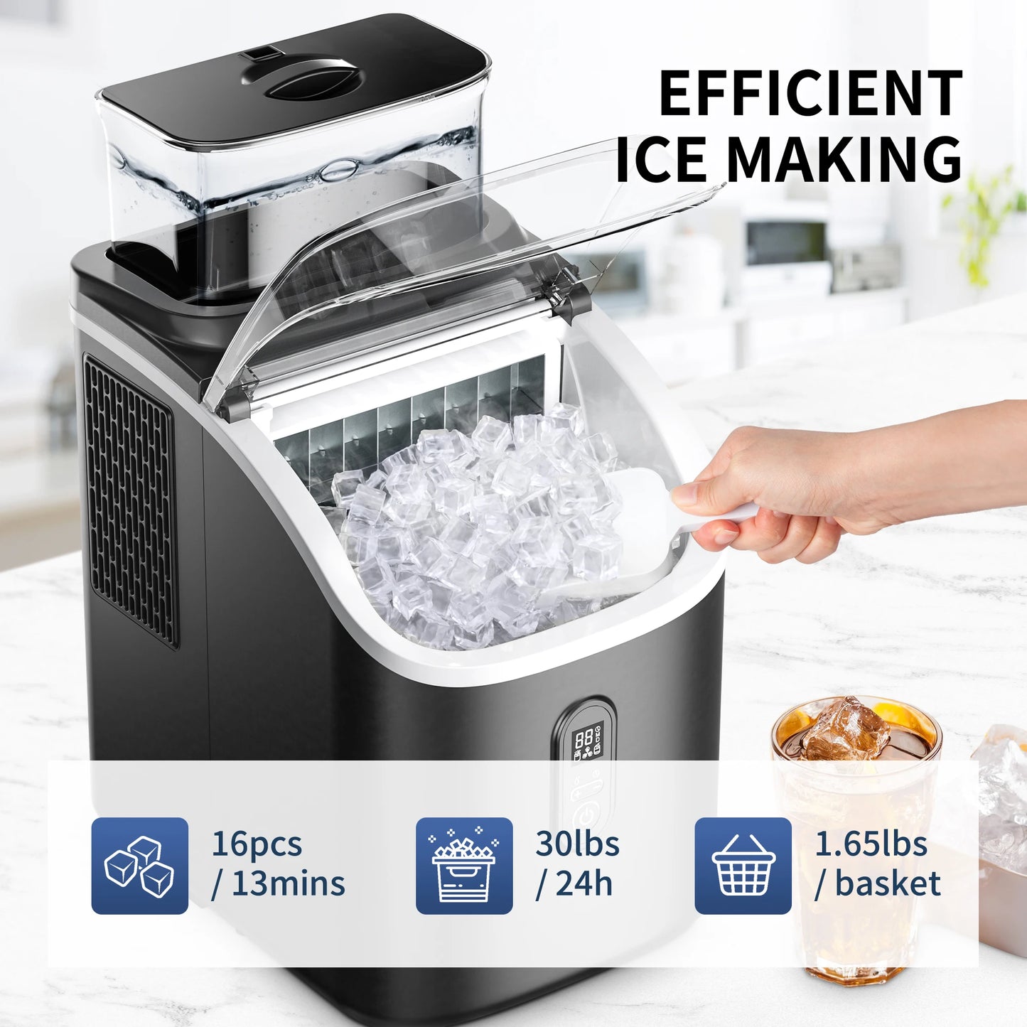 SIMZLIFE Ice Cube Maker Machine with External Water Tank 34Lbs, 16Pcs Ready in 13 Mins Auto-Cleaning for Home Kitchen Office Bar - Cooky Kitchenware