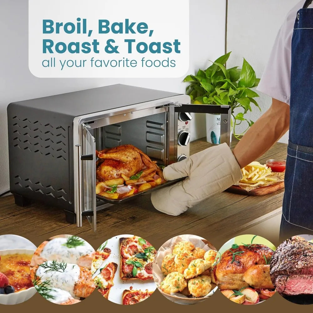 Double French Door Countertop Toaster Oven, Bake, Broil, Toast, Keep Warm, Fits 12" pizza, 25L capacity, Stainless Steel & Black - Cooky Kitchenware