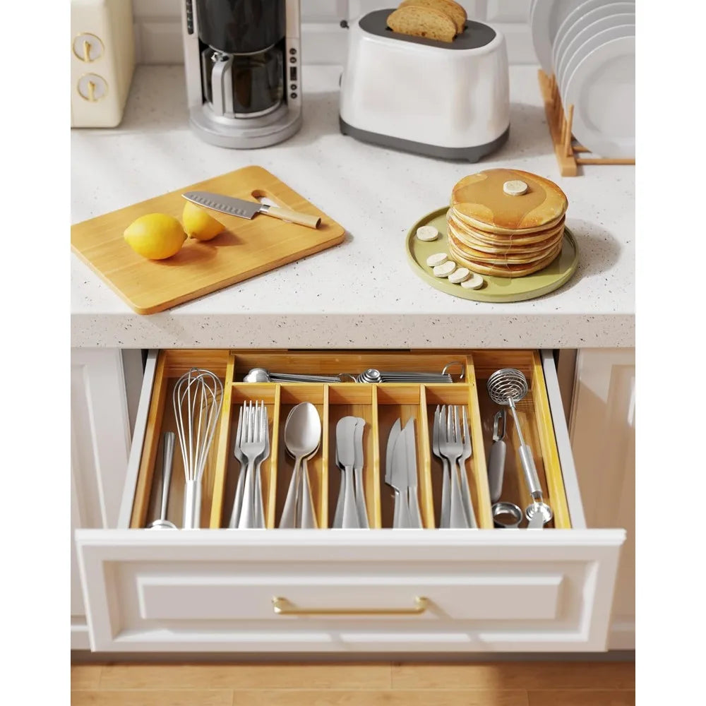 Large Thickened Silverware Organizer - Expandable Bamboo Kitchen Drawer Organizer for Cooking Utensils and Cutlery, Sturdy Kitc - Cooky Kitchenware