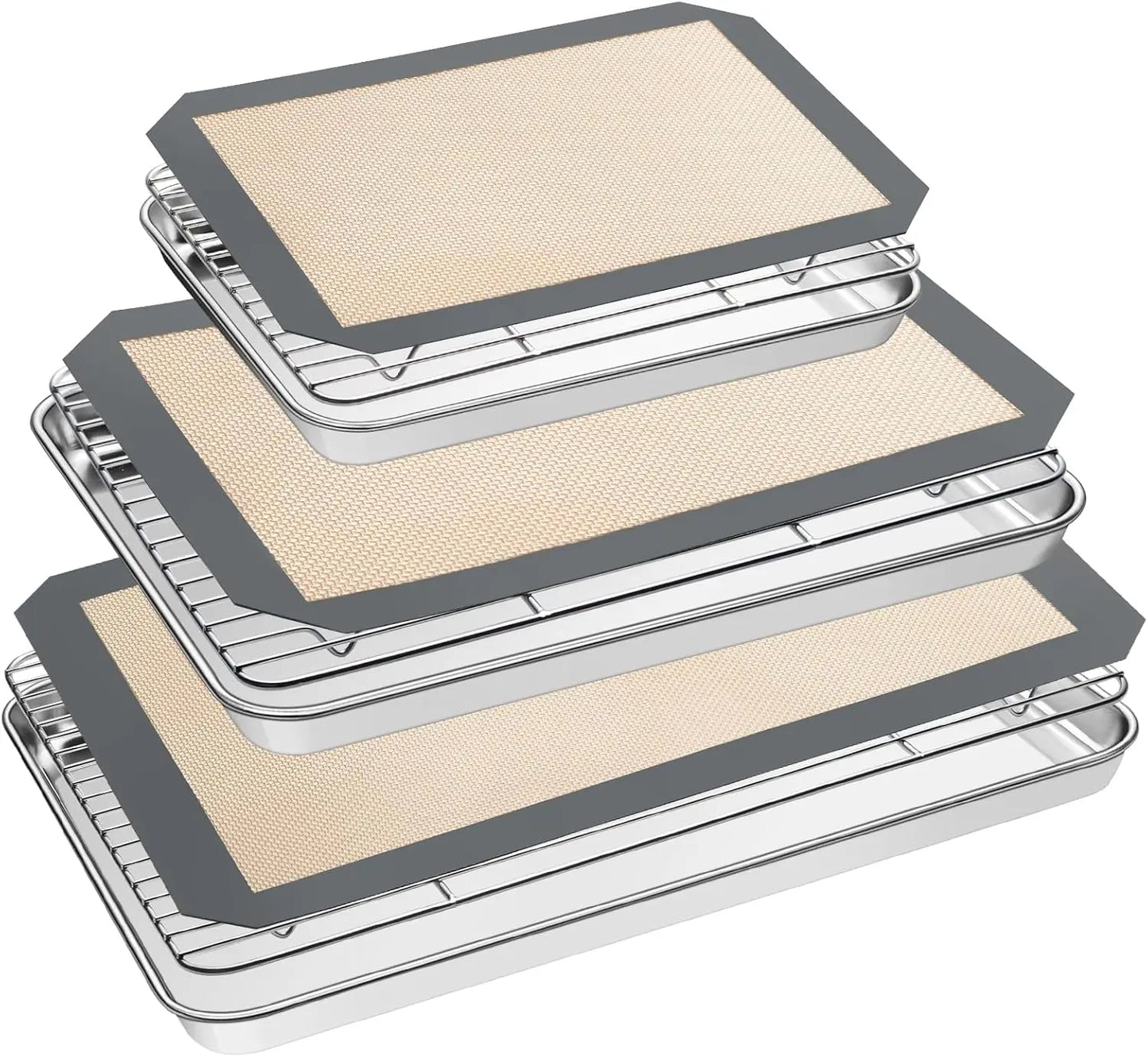 Baking Set: Stainless Steel Sheet Pan with Cooling Rack & Silicone Mat Set, Multi-Size , Warp Resistant - Cooky Kitchenware