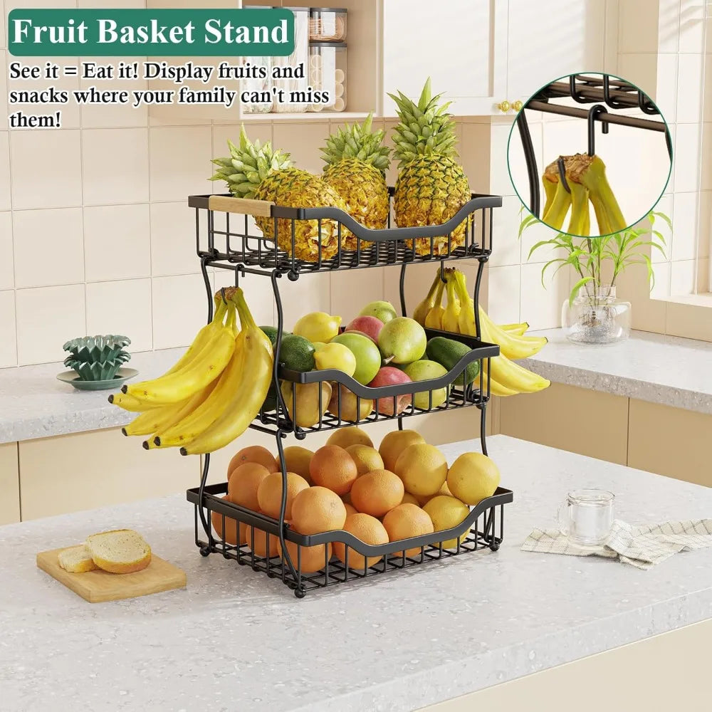 3-Tier Fruit Basket for Kitchen Counter, Wall-Hanging Fruit Bowl and Kitchen Countertop Organizer with 2 Banana Hooks, Fruit Sto - Cooky Kitchenware