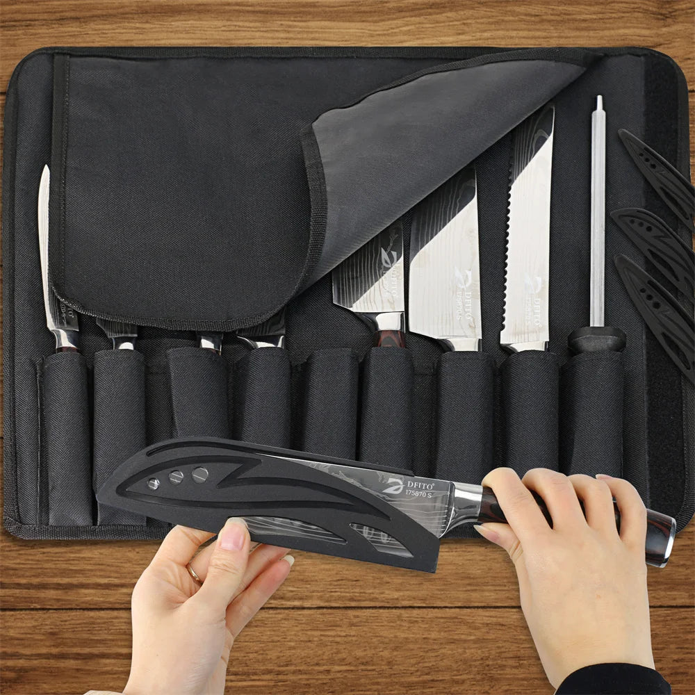 8pcs Kitchen Knife Set Damascus Stainless Steel Chef Utility Paring Boning Cleaver Slicing Santoku Knives with Nylon Bag - Cooky Kitchenware