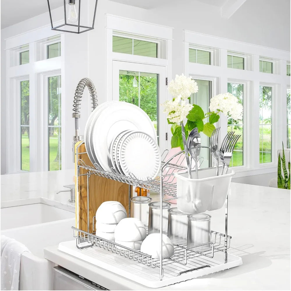 2-Tier Stainless Steel Dish Rack with Drainboard - Space-Saving Design for Efficient Kitchen Drying and Storage - Cooky Kitchenware