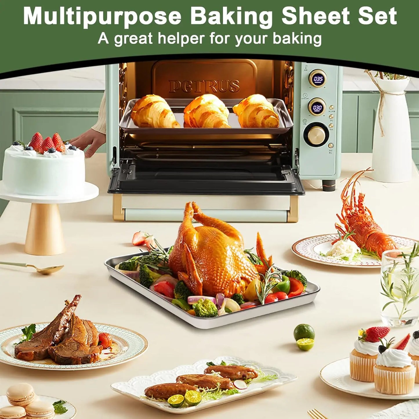Baking Set: Stainless Steel Sheet Pan with Cooling Rack & Silicone Mat Set, Multi-Size , Warp Resistant - Cooky Kitchenware
