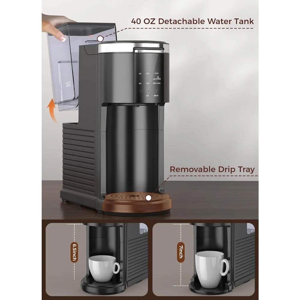 Single Serve Coffee Maker Capsule and Ground Coffee Machine with 40 Oz Water Reservoir and Five Brew Sizes - Cooky Kitchenware