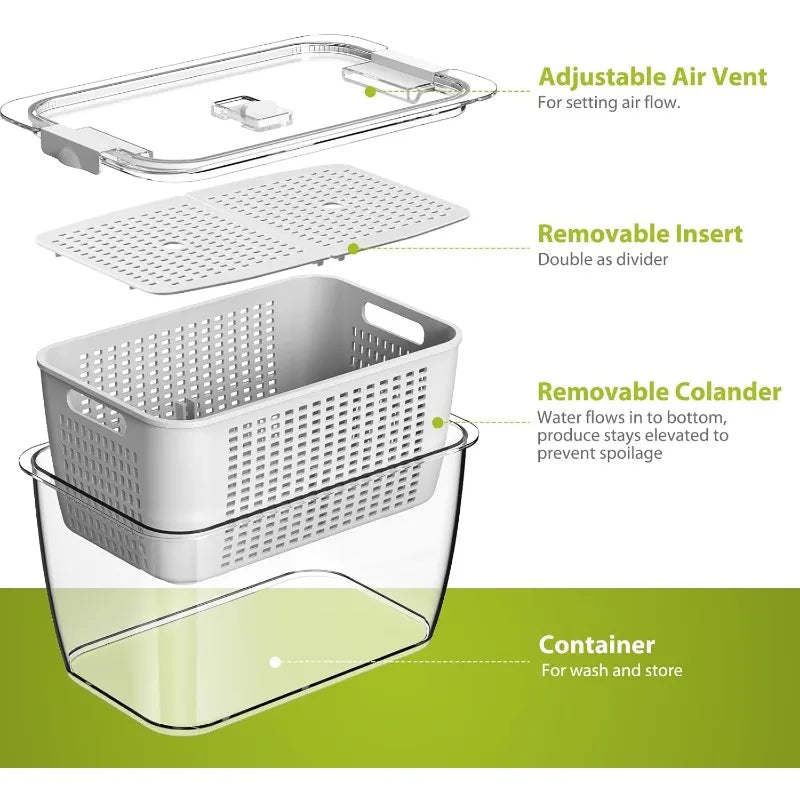 4 Pack Fruit and Vegetable Storage Containers for Fridge with Lids Removable Colander BPA Free Refrigerator Organizer Set - Cooky Kitchenware