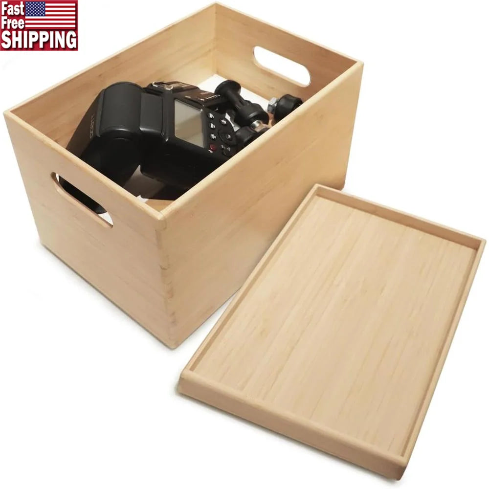 Stackable Bamboo Storage Bin with Lid and Handles Kitchen Office Organization and Home Decor - Cooky Kitchenware