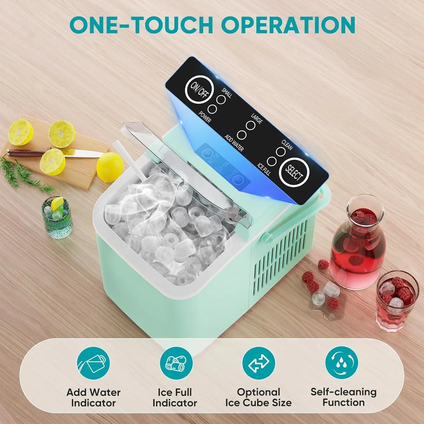 Countertop Ice Maker with Scoop, Basket and Handle, 9 Ice Cubes Machine Ready in 6 Mins, 26.5lbs in 24Hrs - Cooky Kitchenware