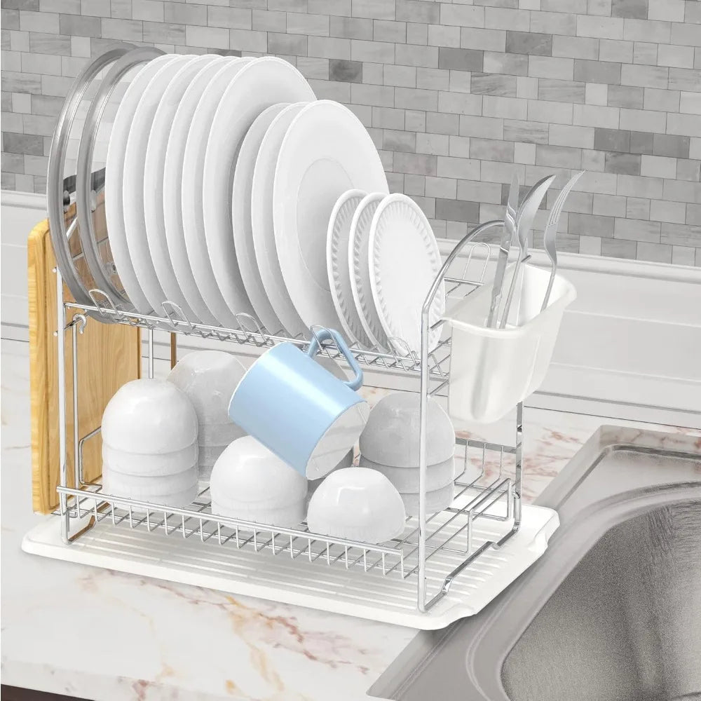 2-Tier Stainless Steel Dish Rack with Drainboard - Space-Saving Design for Efficient Kitchen Drying and Storage - Cooky Kitchenware