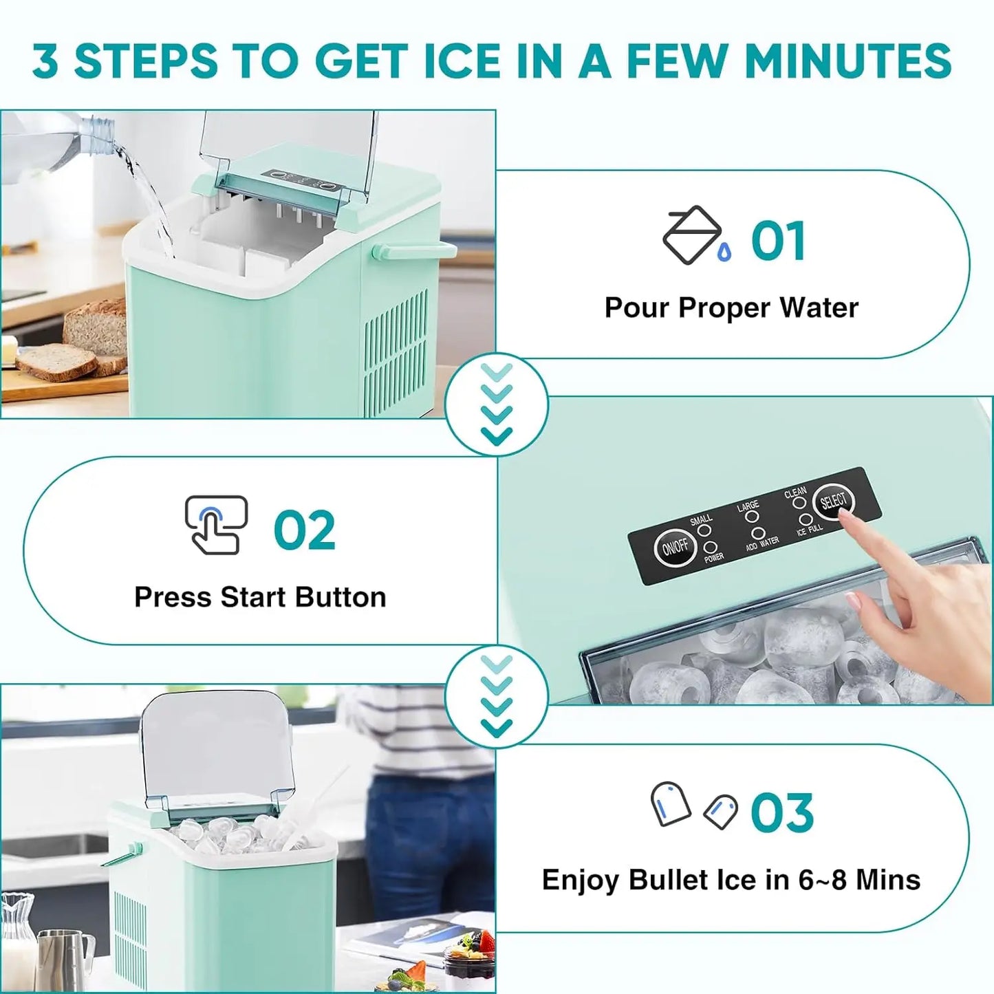Countertop Ice Maker with Scoop, Basket and Handle, 9 Ice Cubes Machine Ready in 6 Mins, 26.5lbs in 24Hrs - Cooky Kitchenware