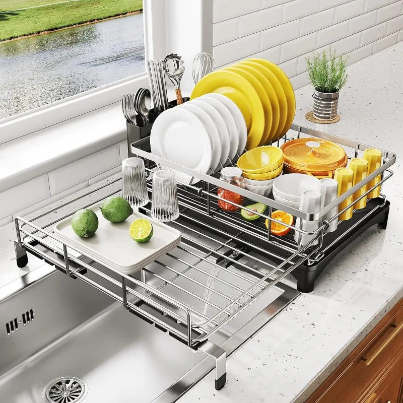 Dish Drying Rack - Extendable Dish Rack, Large Sink Drying Drainer for Kitchen Counter, Stainless Steel Dish Strainer - Cooky Kitchenware