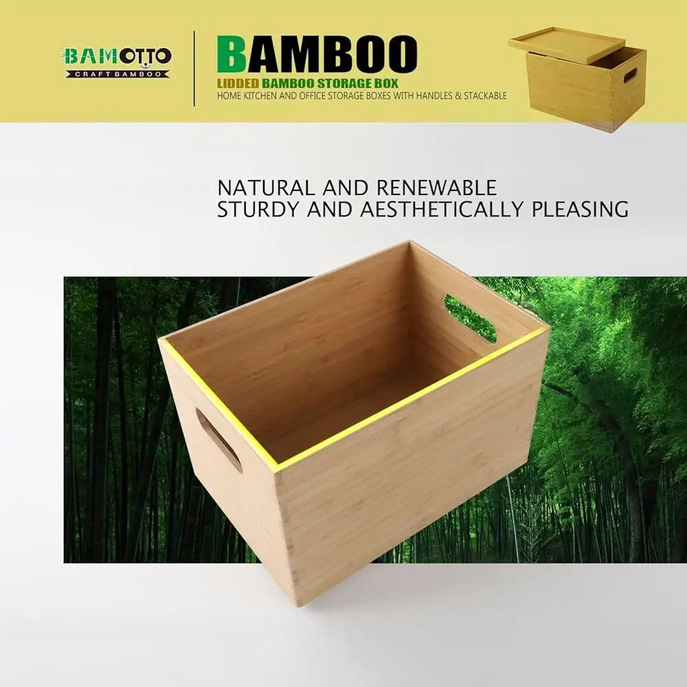 Stackable Bamboo Storage Bin with Lid and Handles Kitchen Office Organization and Home Decor - Cooky Kitchenware