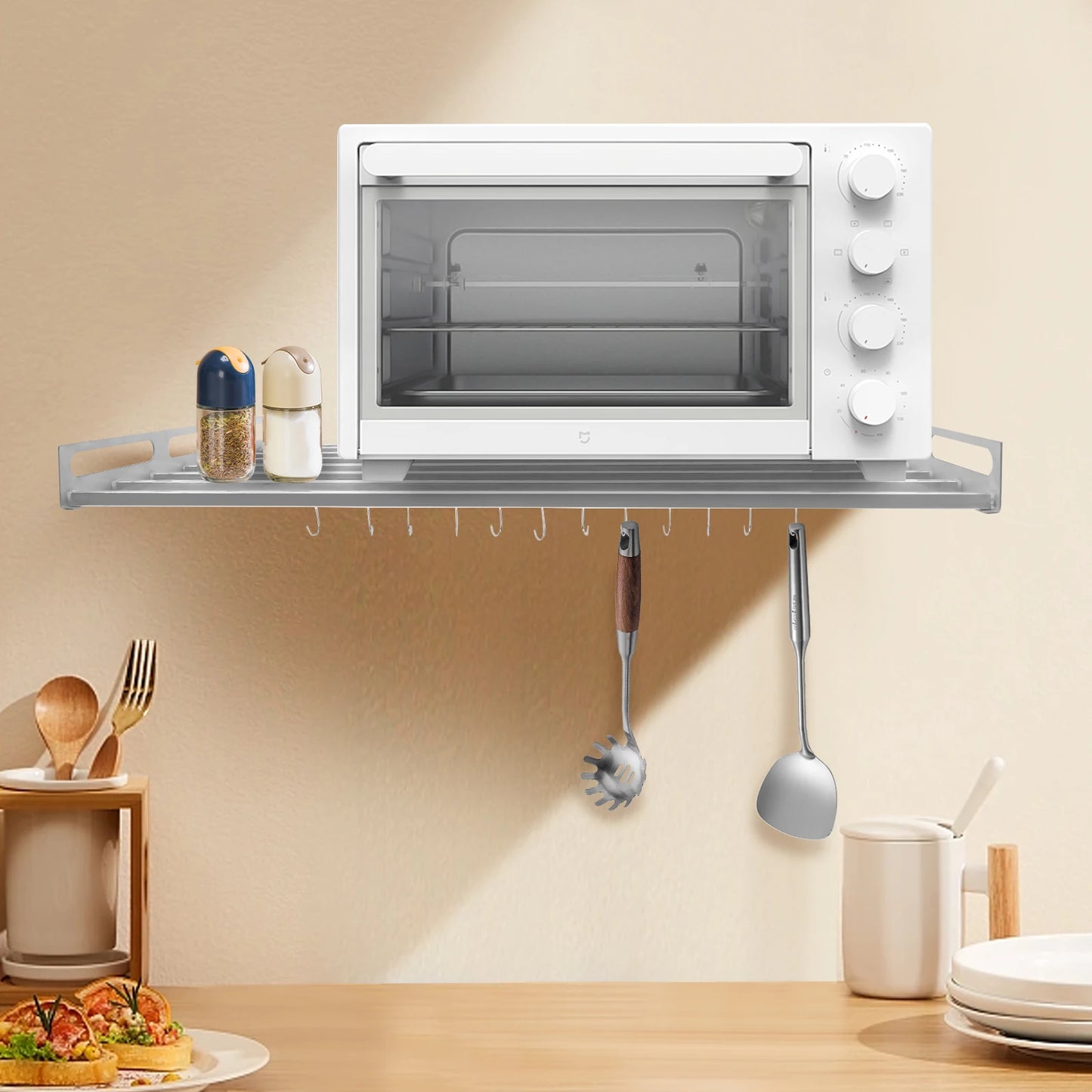 Wall Mount Microwave Oven Shelf Kitchen Item Storage Bracket W/12Hooks Stainless - Cooky Kitchenware