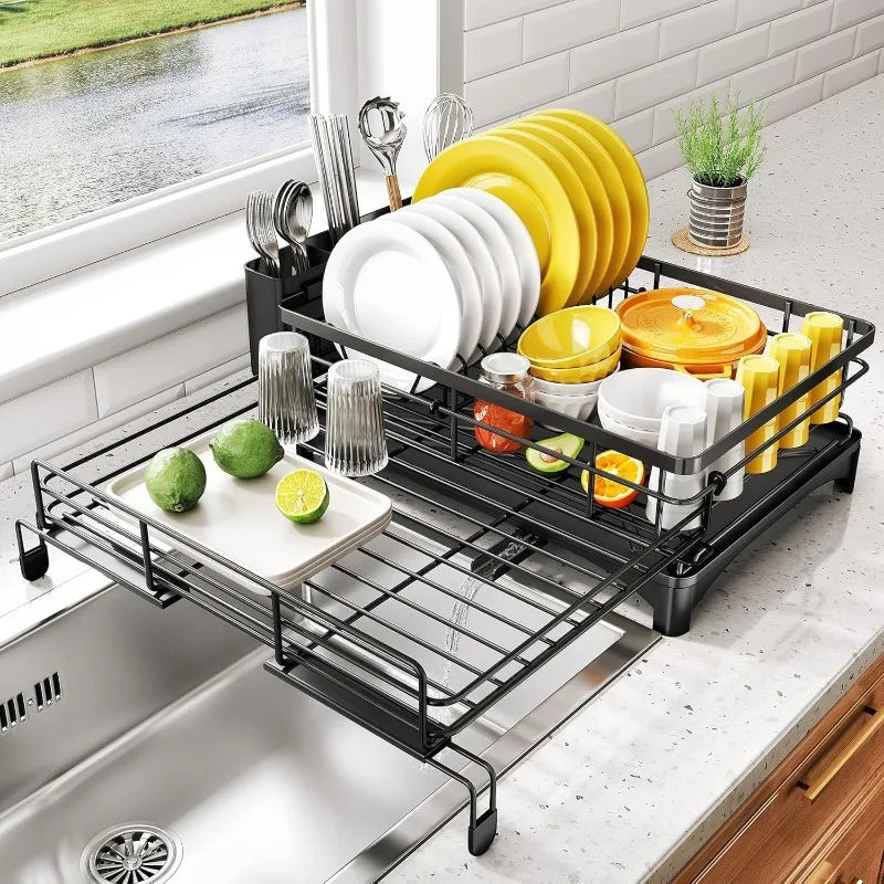 Dish Drying Rack - Extendable Dish Rack, Large Sink Drying Drainer for Kitchen Counter, Stainless Steel Dish Strainer - Cooky Kitchenware
