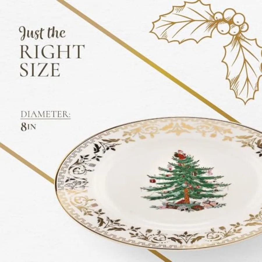 Elegant 8Inch Gold Christmas Tree Porcelain Salad Plate for Festive Holiday Dining: Perfect Seasonal Appetizer Dinnerware Micro