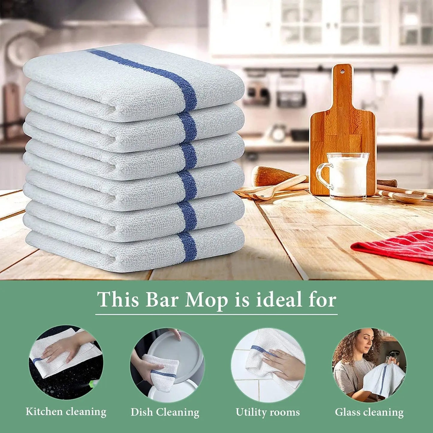 Bar Mop Blue Stripe 10lbs 16x19 Pack of 60 100% Cotton Double Stitched Route Ready Absorbent Kitchen Towel Dish Towels - Cooky Kitchenware