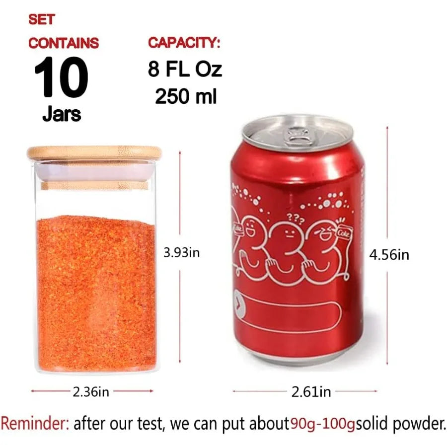 10 Pcs Glass Spice Jars 8oz Empty Square Spice Storage Containers with Bamboo Airtight Lid and Labels Thickened Small Glass Can