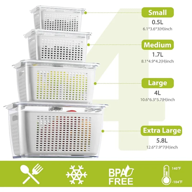 4 Pack Fruit and Vegetable Storage Containers for Fridge with Lids Removable Colander BPA Free Refrigerator Organizer Set - Cooky Kitchenware