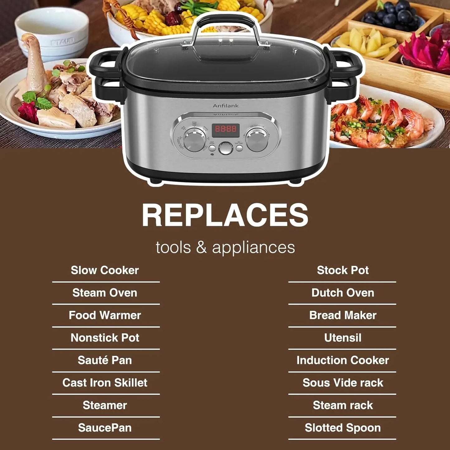 10 In 1 Programmable Slow Cooker with Timer 6.8 Quart Crock Pot Presets for Sous Vide Bake Sauté and More Nonstick Dishwasher Safe D - Cooky Kitchenware