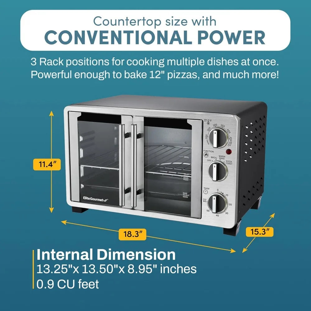 Double French Door Countertop Toaster Oven, Bake, Broil, Toast, Keep Warm, Fits 12" pizza, 25L capacity, Stainless Steel & Black - Cooky Kitchenware