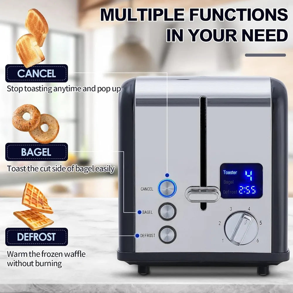 Stainless Steel Toaster with Large LED Display, Bread Toaster 1.5'' Extra-wide Slots with 6 Browning Settings, Cancel/Bagel - Cooky Kitchenware