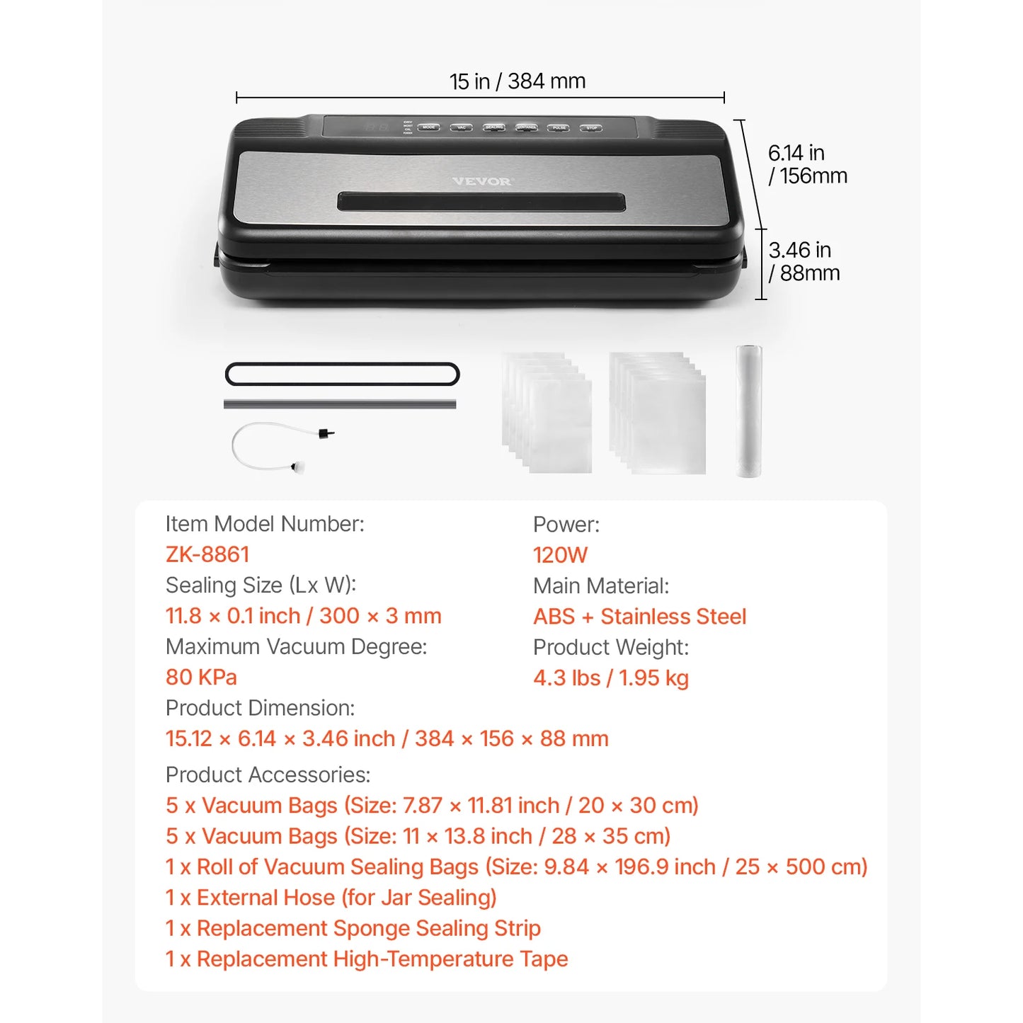 VEVOR 80Kpa 120W Electric Vacuum Sealer Machine 7-in-1 Dry Wet Food Sealer with Built-in Cutter Knife for Kitchen Food Storage - Cooky Kitchenware