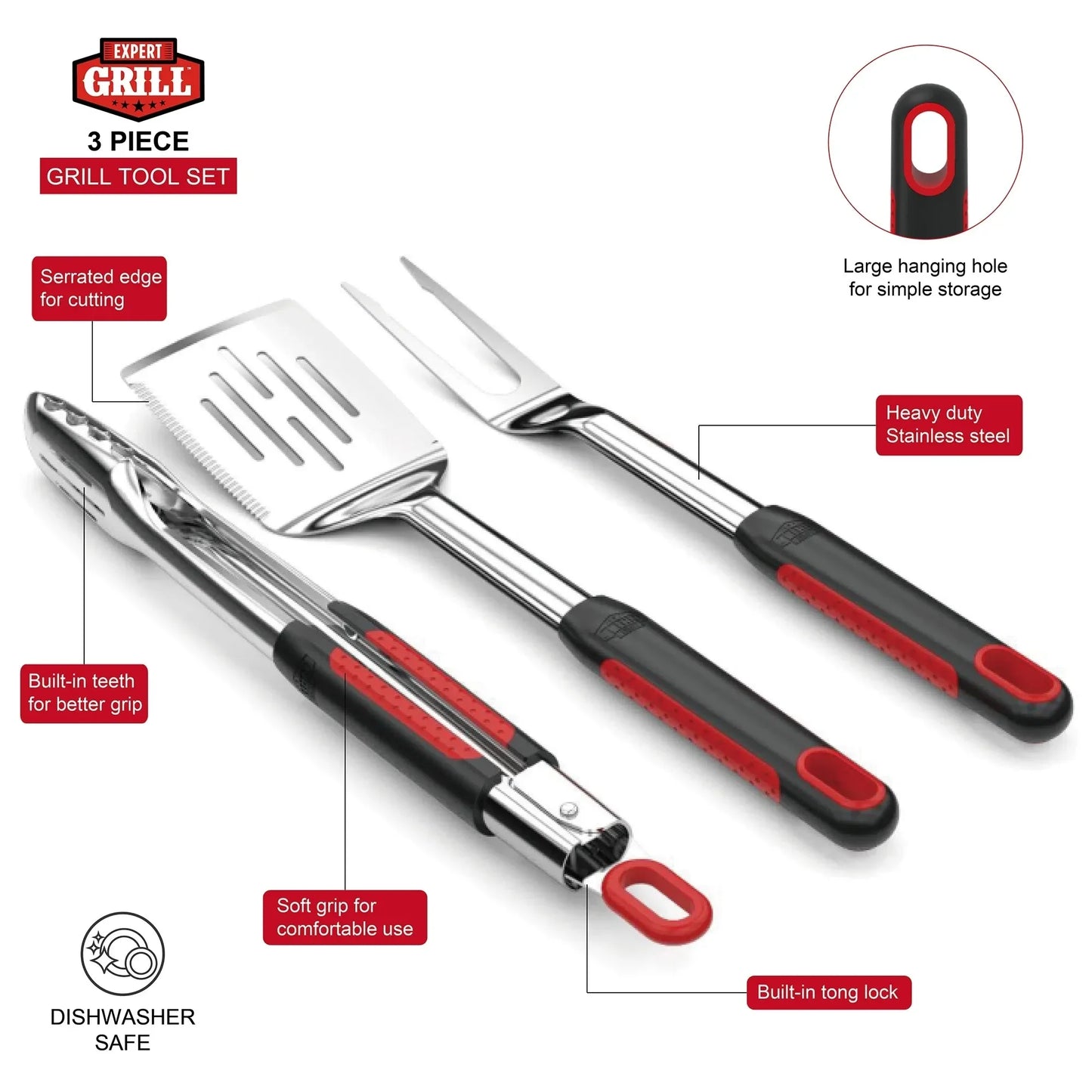 4-Pack Stainless Steel BBQ Tool Sets, 3-Piece Each with Tong Spatula Fork & Soft Grip, Grilling Utensils for Outdoor Cooking