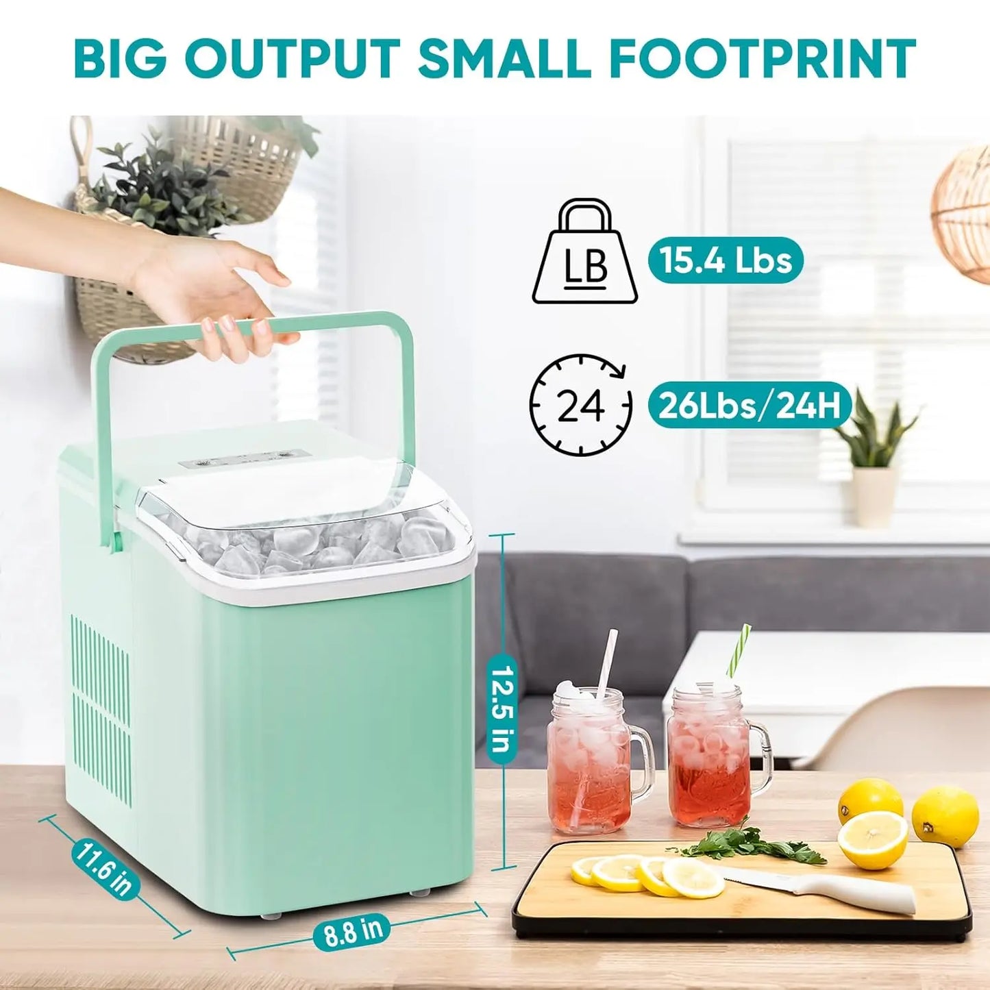 Countertop Ice Maker with Scoop, Basket and Handle, 9 Ice Cubes Machine Ready in 6 Mins, 26.5lbs in 24Hrs - Cooky Kitchenware