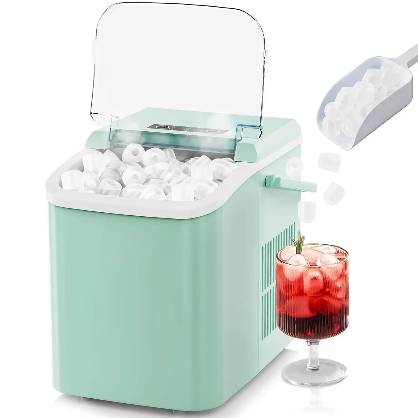 Countertop Ice Maker with Scoop, Basket and Handle, 9 Ice Cubes Machine Ready in 6 Mins, 26.5lbs in 24Hrs - Cooky Kitchenware