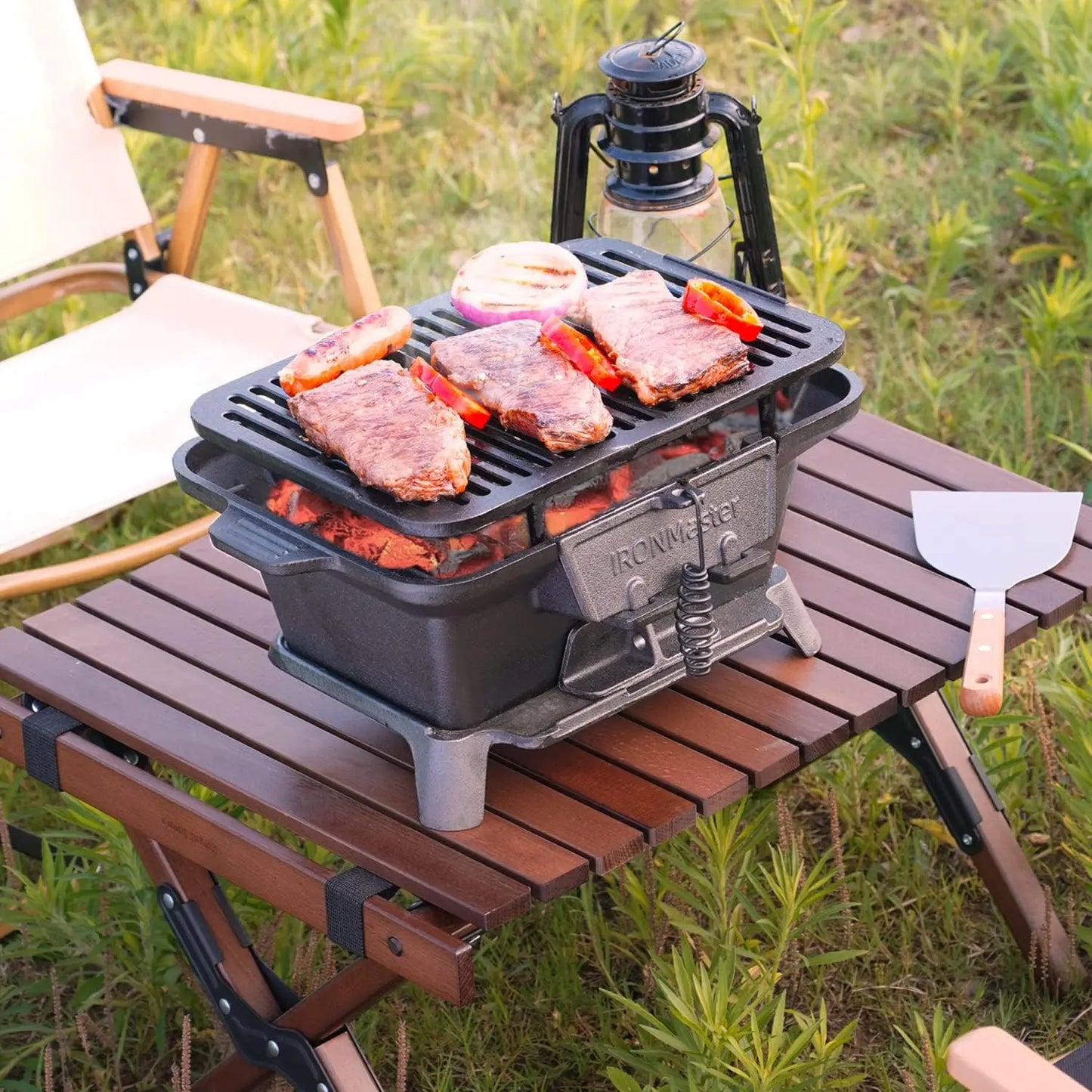 Hibachi Grill Outdoor Small Portable Charcoal Grill 100 Percent Pre Seasoned Cast Iron Air Control Coal Door - Cooky Kitchenware