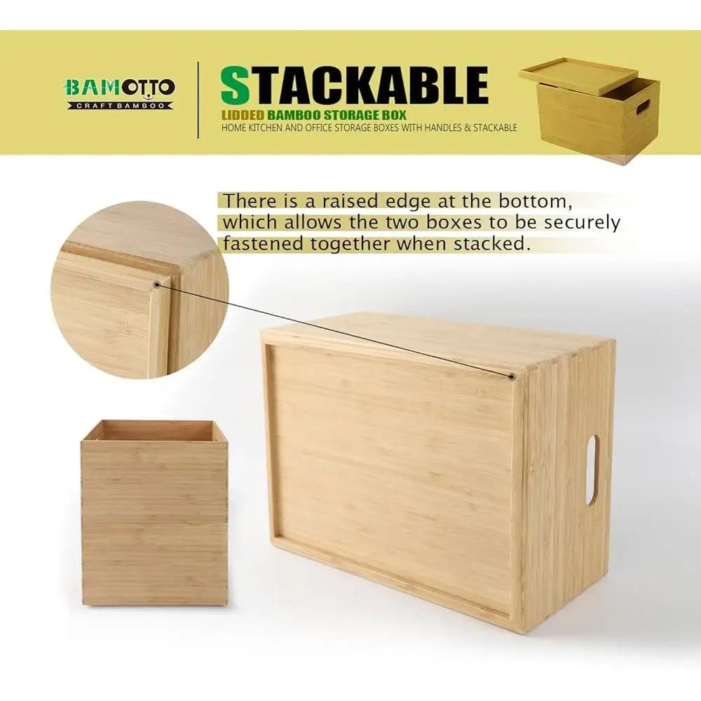 Stackable Bamboo Storage Bin with Lid and Handles Kitchen Office Organization and Home Decor - Cooky Kitchenware