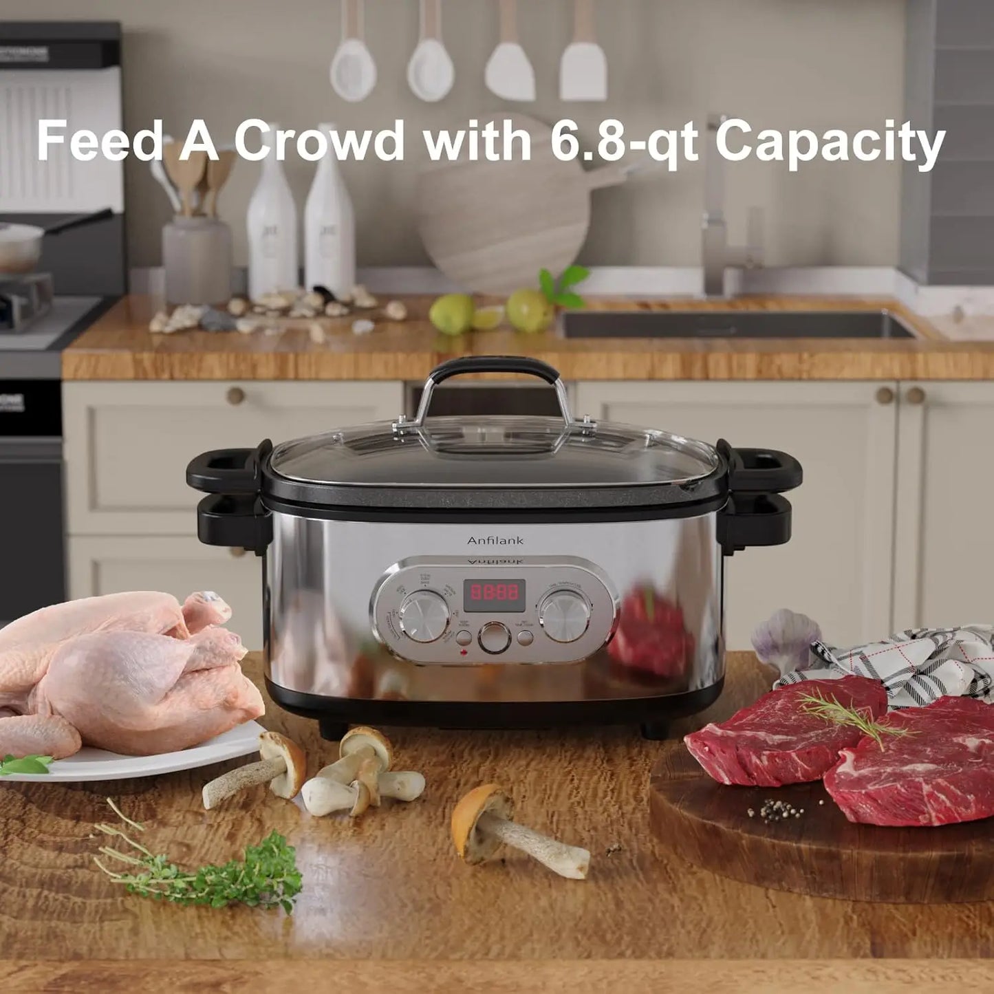 10 In 1 Programmable Slow Cooker with Timer 6.8 Quart Crock Pot Presets for Sous Vide Bake Sauté and More Nonstick Dishwasher Safe D - Cooky Kitchenware