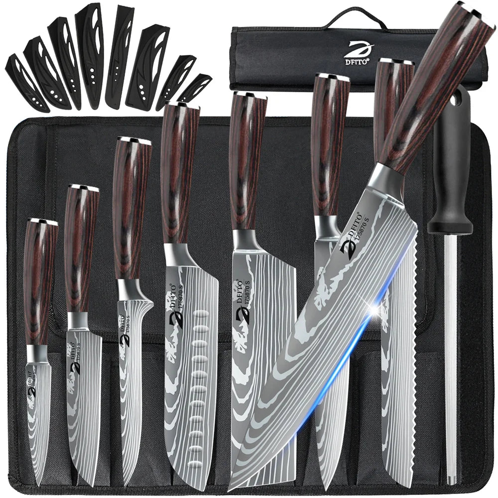 8pcs Kitchen Knife Set Damascus Stainless Steel Chef Utility Paring Boning Cleaver Slicing Santoku Knives with Nylon Bag - Cooky Kitchenware