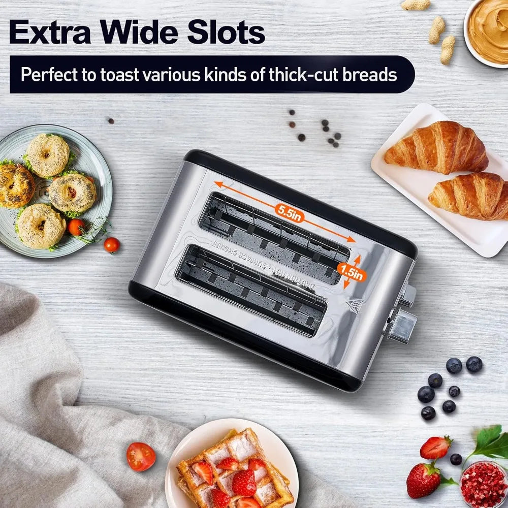Stainless Steel Toaster with Large LED Display, Bread Toaster 1.5'' Extra-wide Slots with 6 Browning Settings, Cancel/Bagel - Cooky Kitchenware