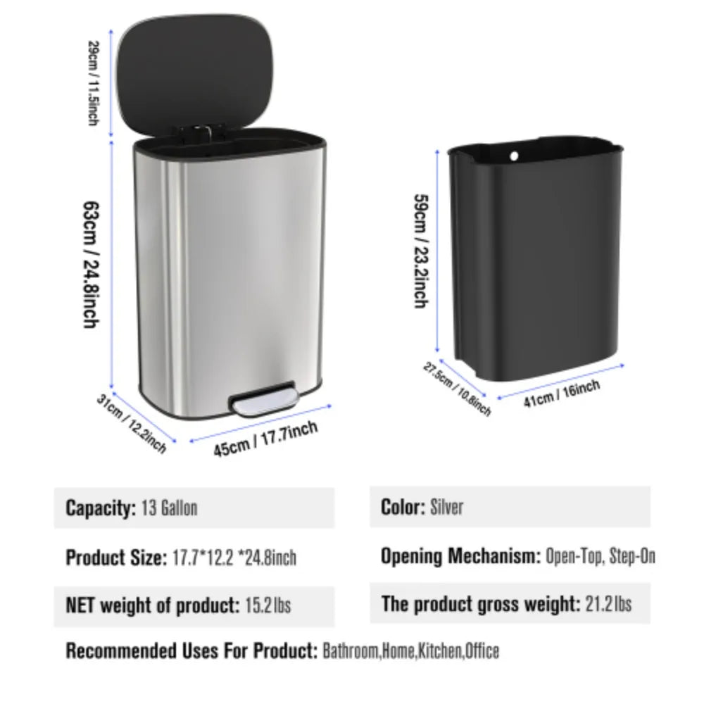 13 Gallon 50L Kitchen Foot Pedal Operated Soft Close Trash Can - Stainless Steel Ellipse Bustbin - S - Cooky Kitchenware