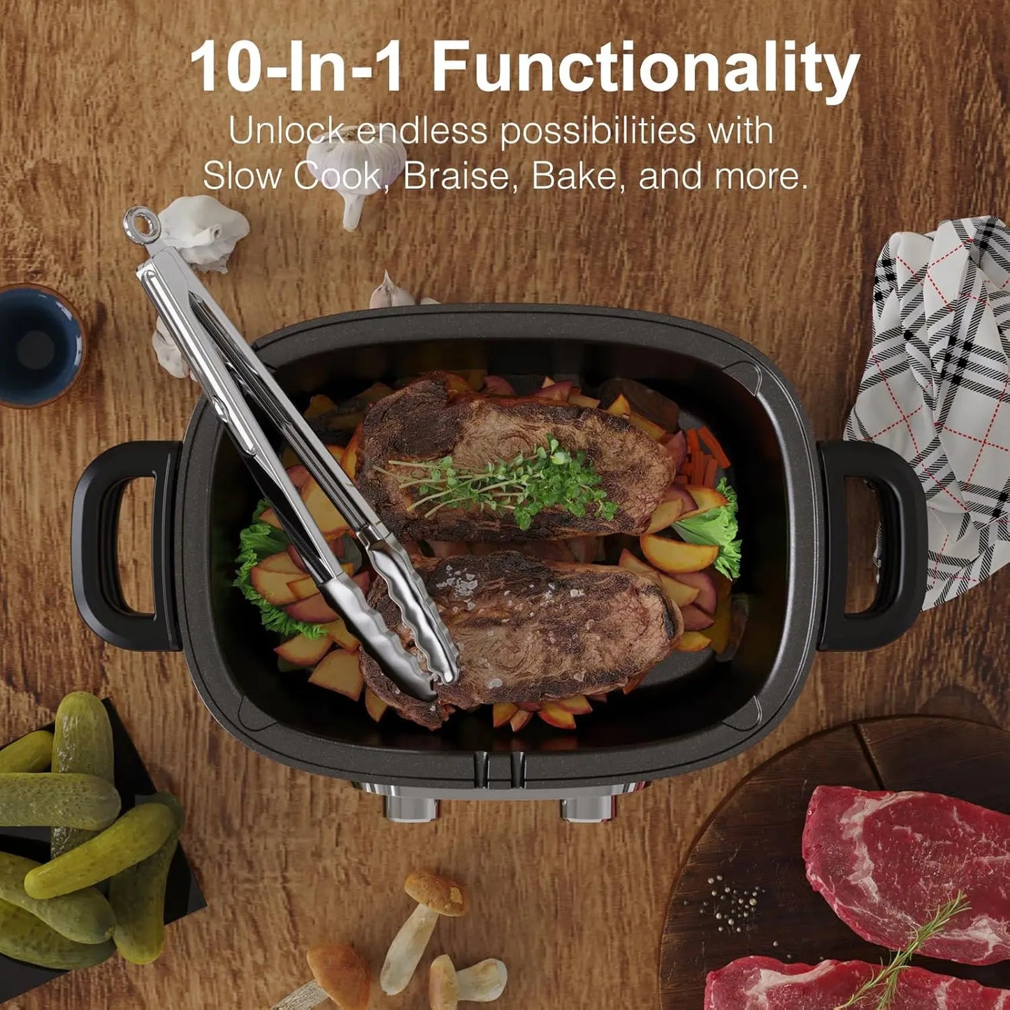 10 In 1 Programmable Slow Cooker with Timer 6.8 Quart Crock Pot Presets for Sous Vide Bake Sauté and More Nonstick Dishwasher Safe D - Cooky Kitchenware