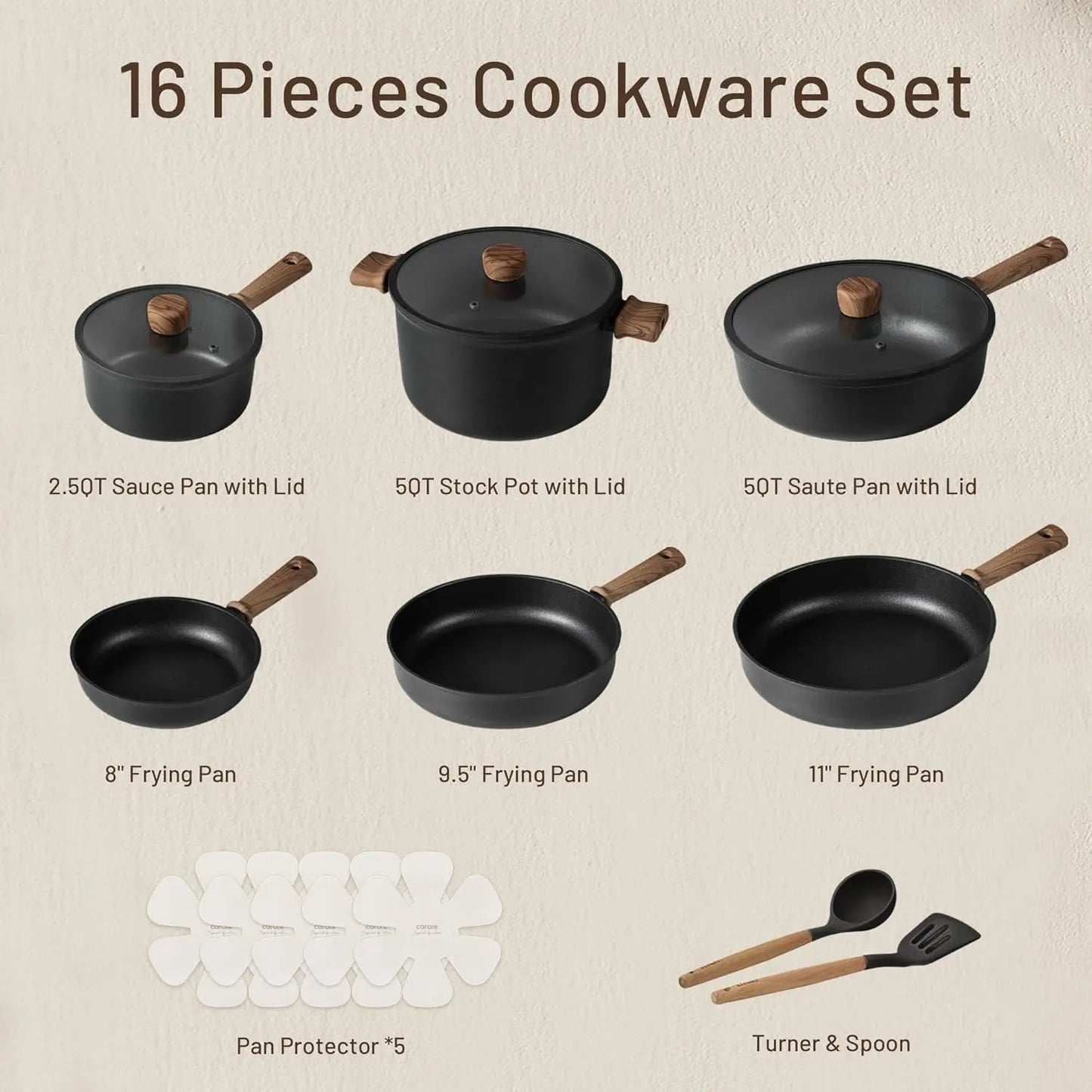 Nonstick Pots and Pans Cookware Set 16 Pieces Kitchen Cooking Set with Frying Pan - Cooky Kitchenware