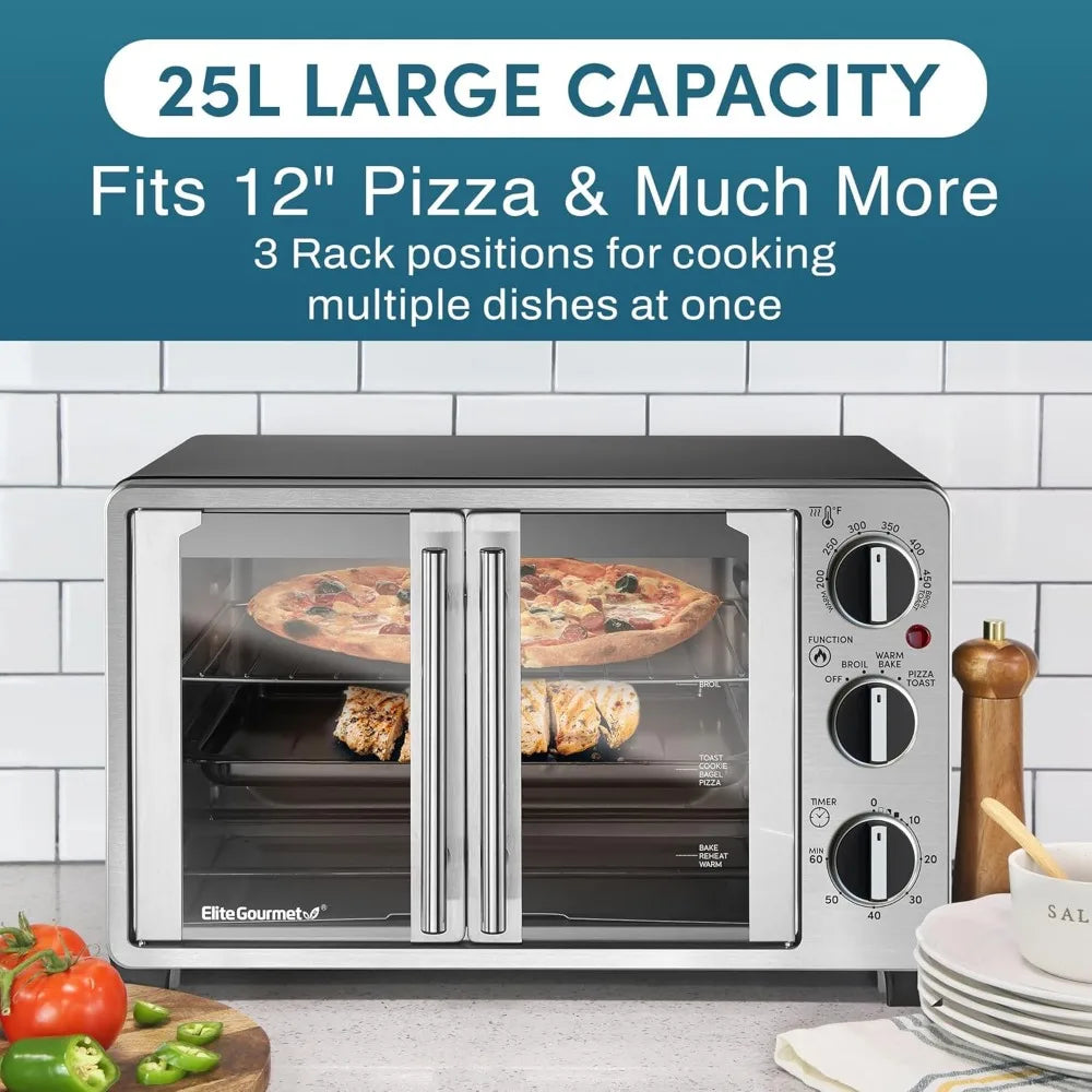 Double French Door Countertop Toaster Oven, Bake, Broil, Toast, Keep Warm, Fits 12" pizza, 25L capacity, Stainless Steel & Black - Cooky Kitchenware