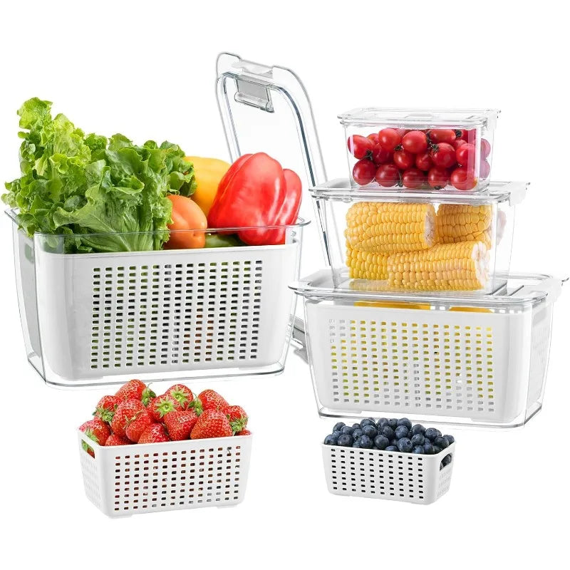 4 Pack Fruit and Vegetable Storage Containers for Fridge with Lids Removable Colander BPA Free Refrigerator Organizer Set - Cooky Kitchenware