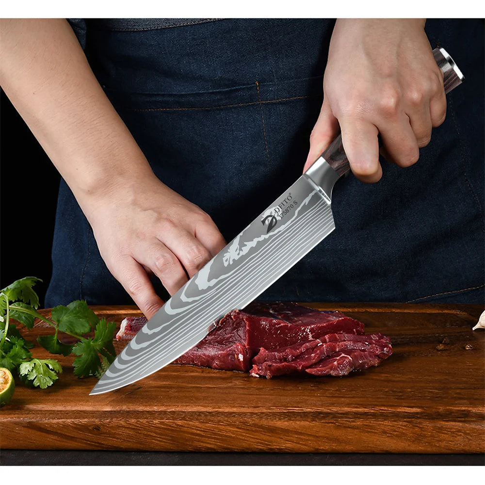 8pcs Kitchen Knife Set Damascus Stainless Steel Chef Utility Paring Boning Cleaver Slicing Santoku Knives with Nylon Bag - Cooky Kitchenware