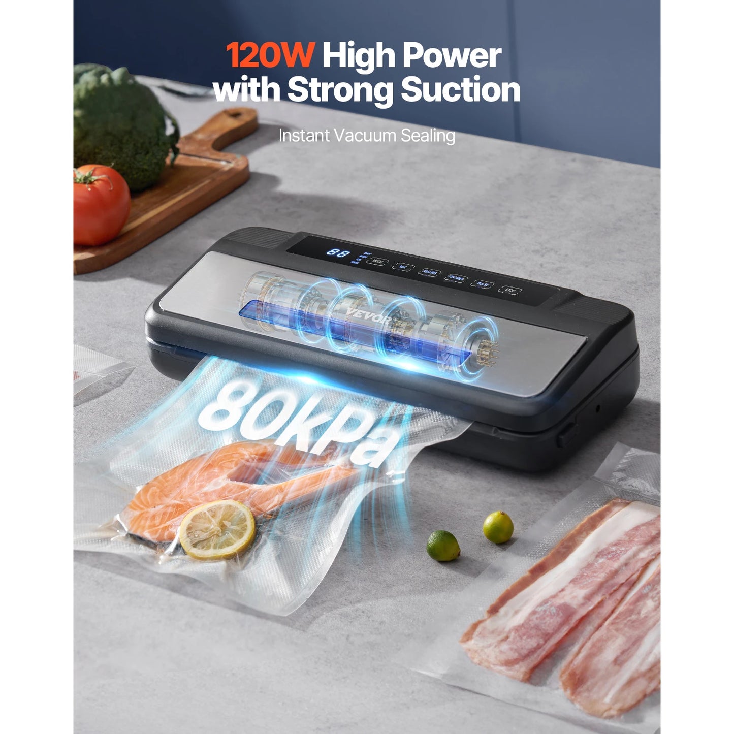 VEVOR 80Kpa 120W Electric Vacuum Sealer Machine 7-in-1 Dry Wet Food Sealer with Built-in Cutter Knife for Kitchen Food Storage - Cooky Kitchenware