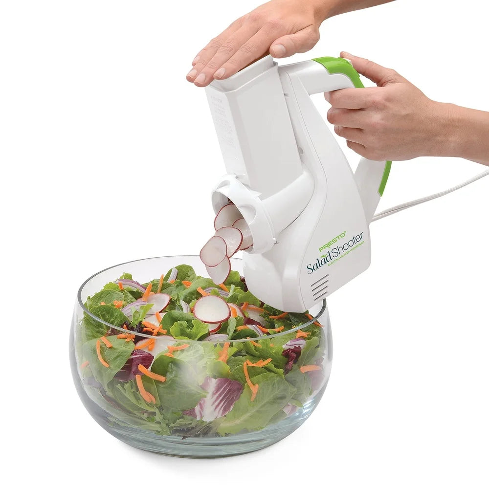 Electric Salad Shooter Slicer Shredder Vegetable Fruit Cheese Nuts Compact Dishwasher Safe Easy Clean Interchangeable Cones - Cooky Kitchenware
