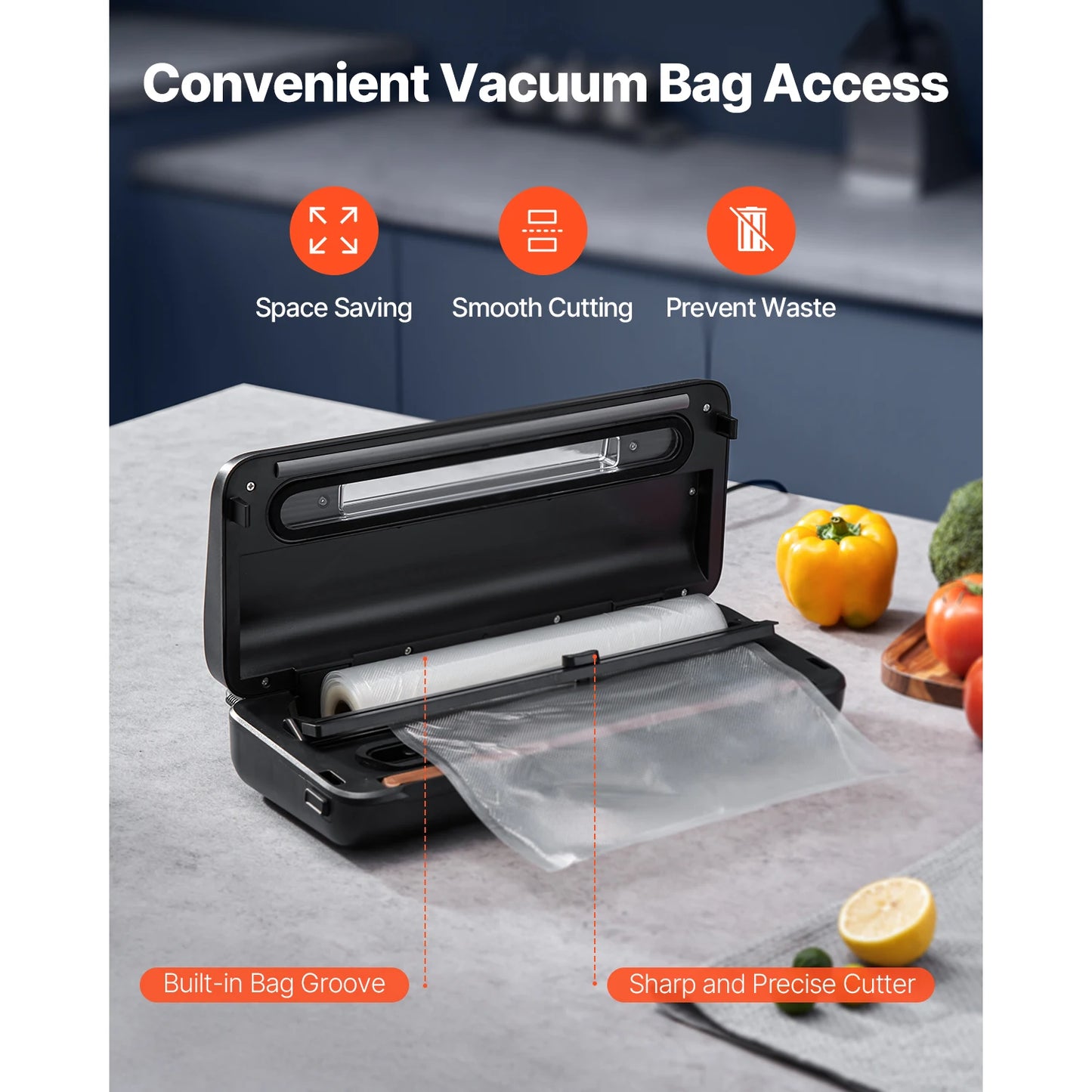 VEVOR 80Kpa 120W Electric Vacuum Sealer Machine 7-in-1 Dry Wet Food Sealer with Built-in Cutter Knife for Kitchen Food Storage - Cooky Kitchenware