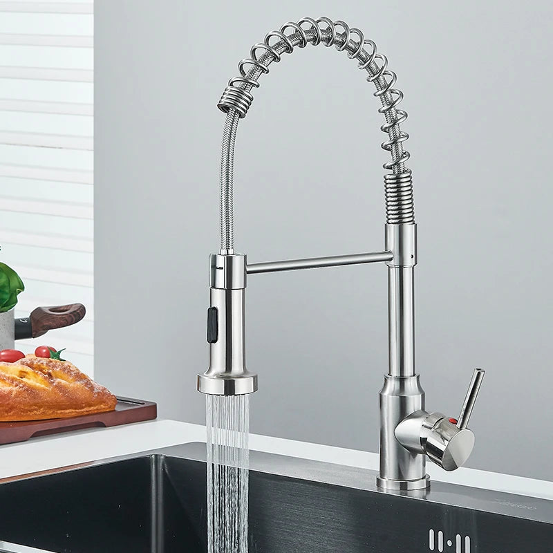 Spring Pull Down Kitchen Faucets Stream Spray Head Hot Cold Water Tap Stainless steel Rotation Kitchen Mixer Tap Crane
