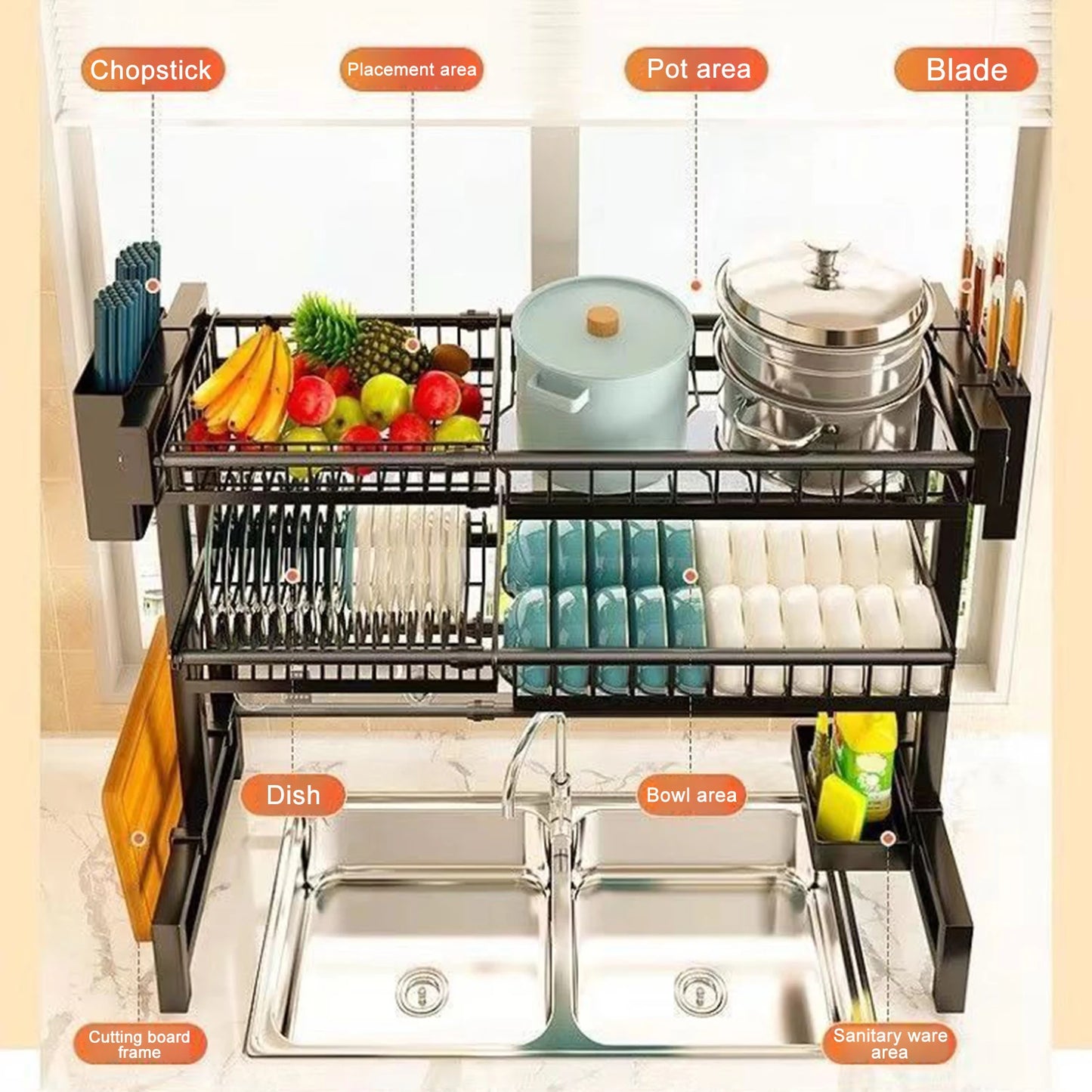 2 Tier Kitchen Storage Shelf Above Sink Stretchable Bowl Draining Rack Multifunctional Dish Knife Spoon Sink Rack Set Organizer - Cooky Kitchenware
