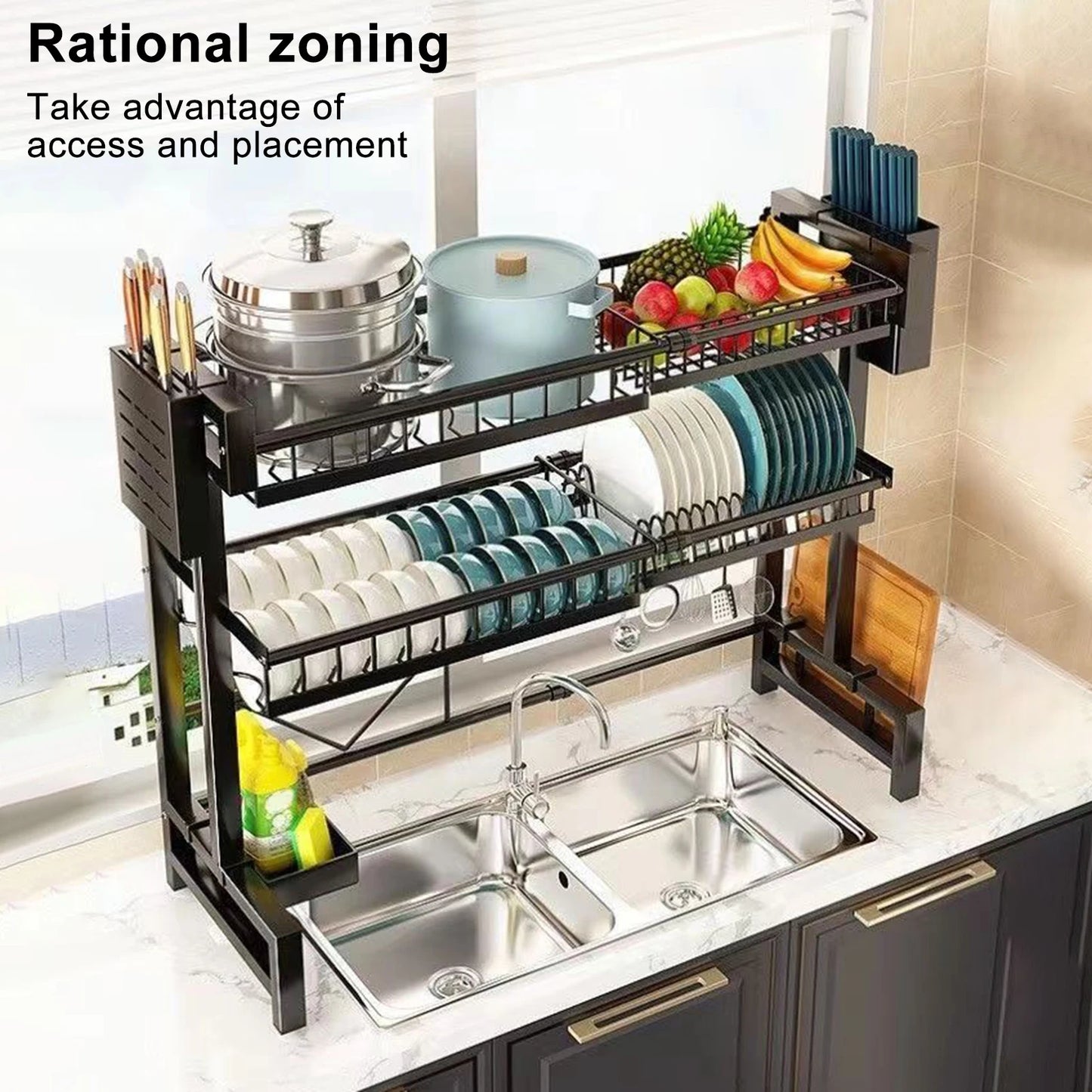 2 Tier Kitchen Storage Shelf Above Sink Stretchable Bowl Draining Rack Multifunctional Dish Knife Spoon Sink Rack Set Organizer - Cooky Kitchenware