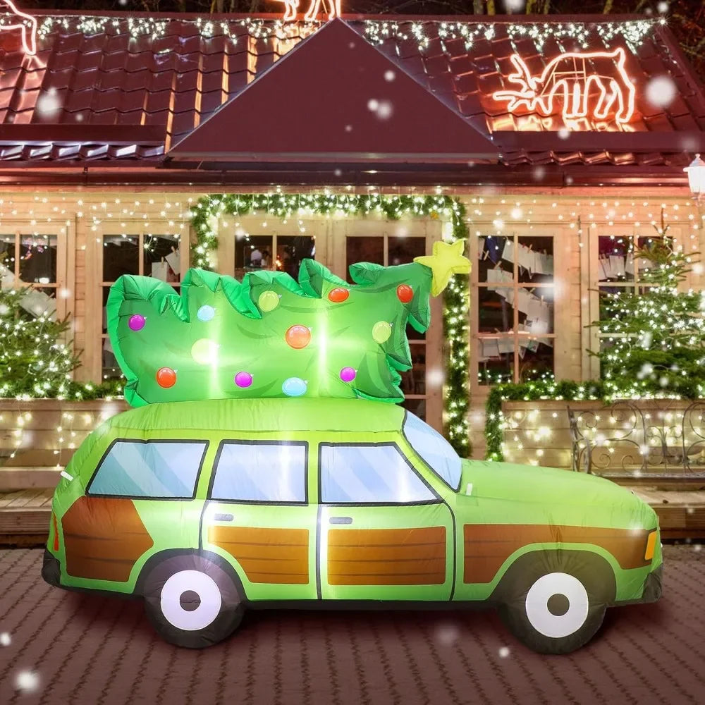 8-Foot Tall Outdoor Christmas Inflatable Wagon with LED Lights and Tree Decoration